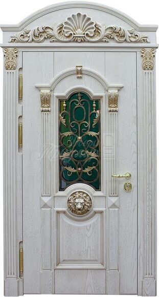 Входная дверь с массивом дуба со стеклом и ковкой №293